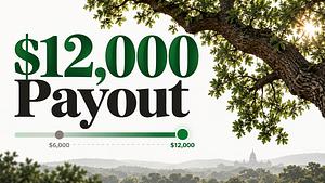 A card showing $12,000 Payout under a spreading oak limb, with a bar marked $6,000 to $12,000 and a capitol dome over wooded hills.