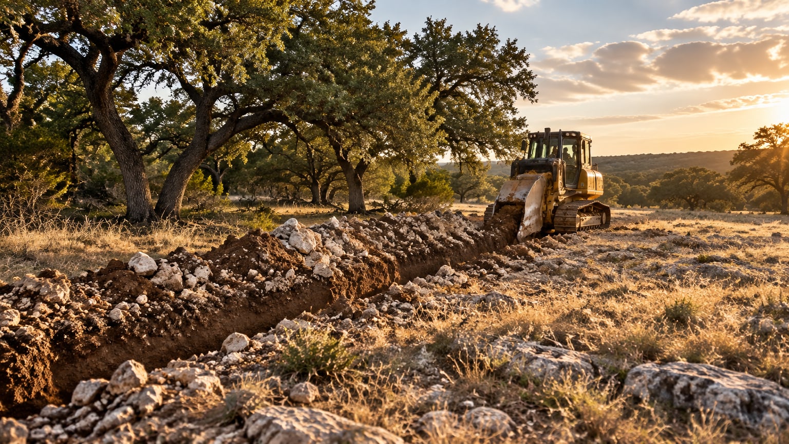 A yellow tracked dozer cutting a trench of rock and soil through dry grass between mature oaks, with the sun low behind the machine.